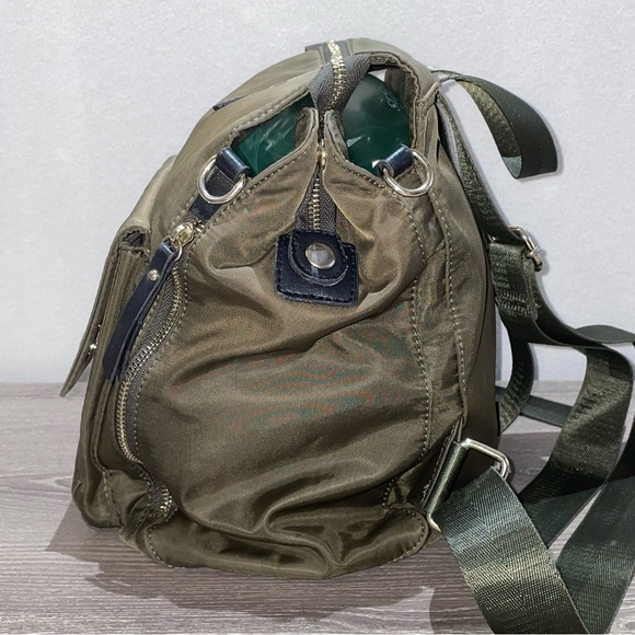 CLN Olive Green & Gold Tone Hardware Backpack Carry Bag 3 Front Pockets Dual Zip - Picture 3 of 10